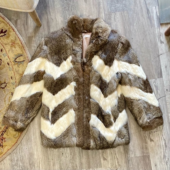 Vintage Parisian Fur 100% Rabbit Fur Coat Cream and Brown Chevron - Picture 14 of 17